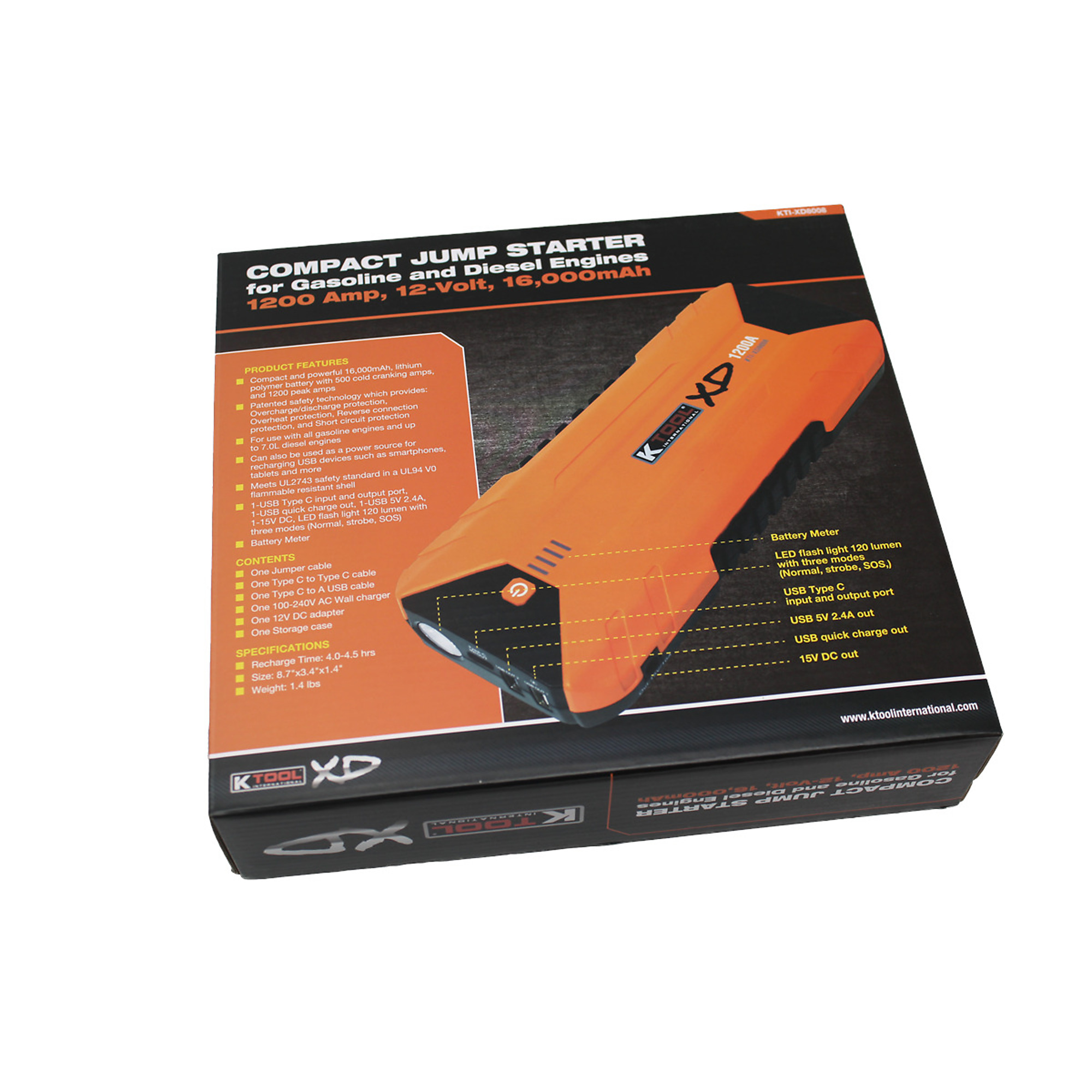 K Tool International Compact Jump Starter — 1200 Amp, 12 Volt, 16000mAh, Model# KTIXD8008